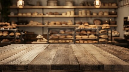A rustic wooden table in a cozy bakery, showcasing shelves filled with various freshly baked breads and pastries in a warm, inviting atmosphere.