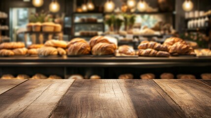 A cozy bakery scene featuring a wooden table in the foreground and a variety of freshly baked breads displayed in the background.