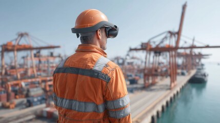 Innovative Construction Worker Using Virtual Reality Technology at a Busy Port with Cranes and Shipping Containers in the Background