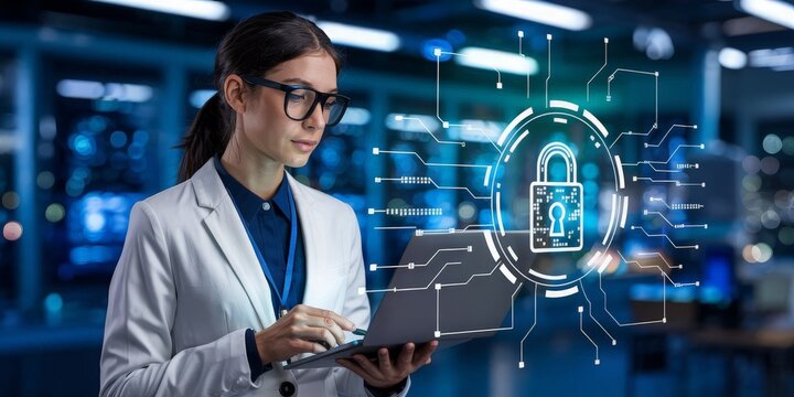Female cybersecurity professional working on a laptop with a digital lock hologram
