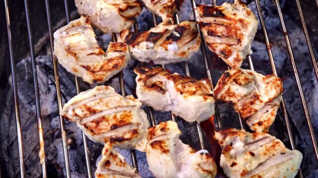Close-up of marinated chicken fillet pieces being grilled outdoors on charcoal. The chef uses metal tongs to turn the pieces of meat to the other side. Slow motion video 100fps.