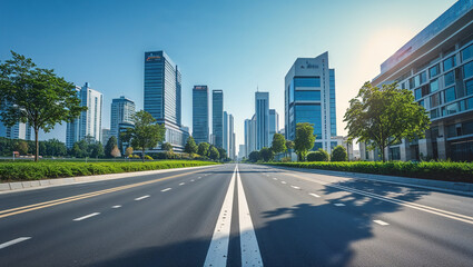 Asphalt road leading to modern urban skyline with city architecture view