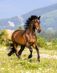 A stunning brown horse gallops across a field of wildflowers, a majestic scene against a backdrop of rolling hills.
