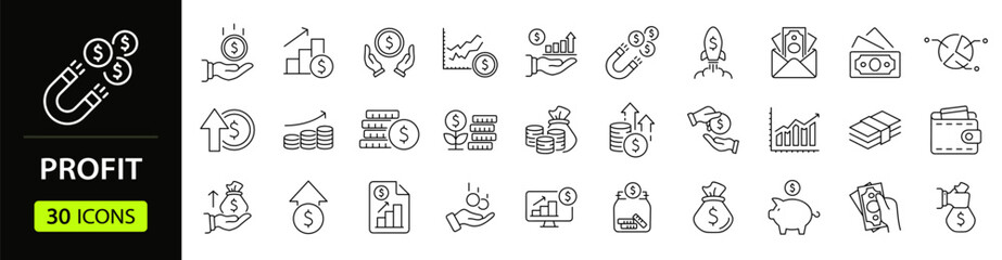Financial profit set of web icons in line style. Money income linear icon collection. Containing money savings, finance, growth, investment, payment, earnings, management and more. Editable stroke