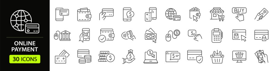 Online payment set of web icons in line style. Payment linear icon collection. Containing cashless wallet, e-wallet, money transfer, banking, credit card, cash, transaction more. Editable stroke