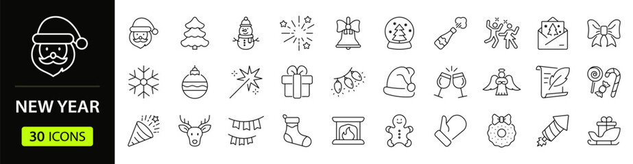 New year set of web icons in line style. Merry Christmas and Happy New Year linear icon collection. Containing winter, xmas, celebration, party, birthday, event, santa, tree, snow. Editable stroke