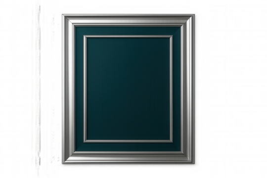 Silver metallic frame surrounding teal mat, creating elegant display space for personalized artwork or cherished photographic memories