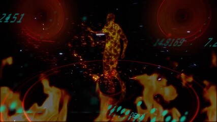 Animation of data processing and fire flames over human body model dancing against black background
