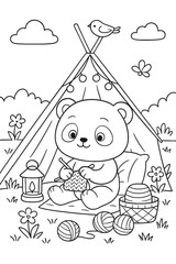 Cute bear knitting in a teepee with bird, clouds, and flowers illustration