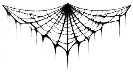 Fototapeta premium Minimalist black and white spider web line drawing with hanging silk clip art style Halloween decoration graphic design element