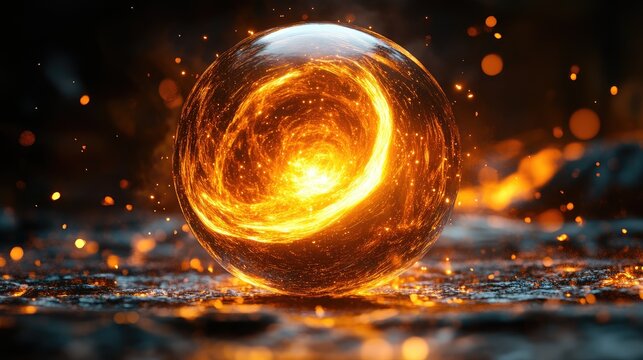 Fiery Orb on Dark Stone Floor, Background of Flames