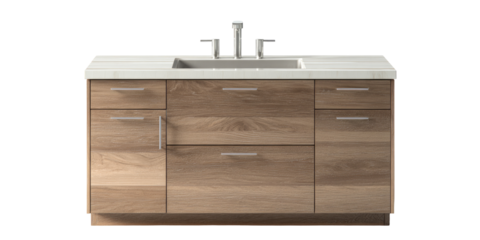 Light beige wooden bathroom vanity with white countertop and sink