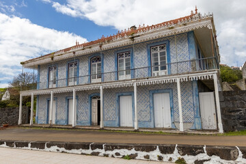 Fototapeta premium Old house decorated with blue tiles azulejo at San Jorge island Azores Portugal