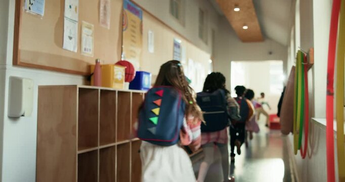 Running, education and back of students in school for knowledge, study period and learning. Scholarship, growth and class schedule with group of kids on campus for child development and friends