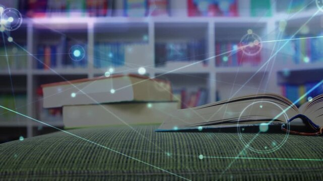 Animation of network of connections over books at the library at school