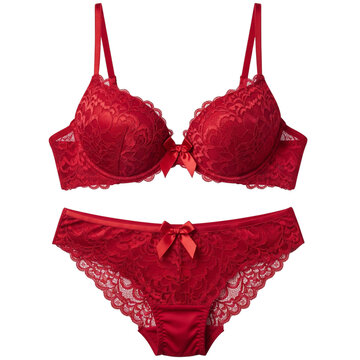 Luxurious red lace lingerie set featuring a push-up bra and matching panties with delicate bows, exuding elegance and sensuality for intimate moments and romantic occasions.