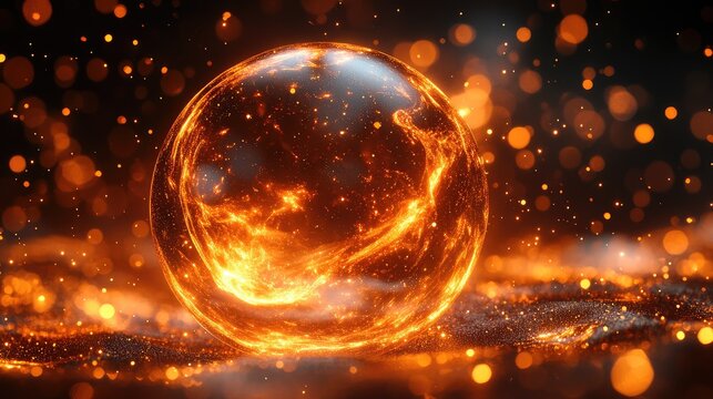 Fiery orb sphere on dark glittery surface with bokeh background
