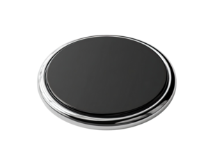 Circular, dark gray/black disc with a metallic, light silver/chrome ring.  3D rendering
