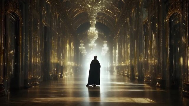 Epic Cinematic Shot of a Solitary Monarch in a Grand, Backlit Golden Throne Room.