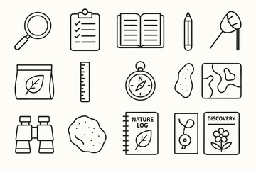 Simple line icons of outdoor exploration tools and nature discovery items