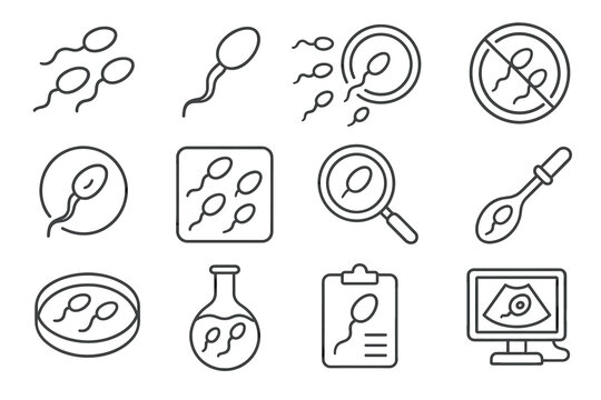 Sperm icons set: fertility, microscopy, laboratory, prohibition, and analysis symbols