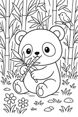 Obraz premium Cute panda eating bamboo with a bird sitting on a bamboo branch in nature
