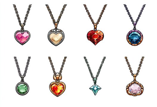 Nine colorful necklaces with heart and gem pendants