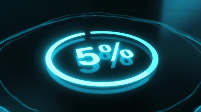A futuristic, glowing blue circular progress bar and digital display showing a 5 percent completion rate.