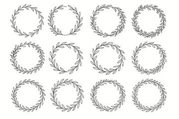 Elegant hand-drawn laurel wreath designs in circular frames for decorative use