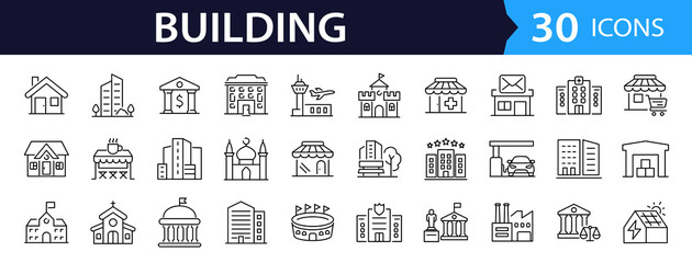 Building Web Icon Set in Line Style. Collection of House Linear Icons, Including city, office, house, skyscraper, bank, school, hotel, shop, university, hospital, church, mosque, factory, architecture