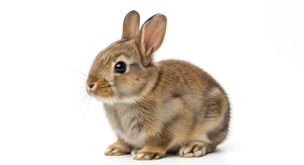 Obraz premium Adorable brown baby rabbit sitting isolated on a clean white background, looking to the side. Perfect for Easter and pet themes.
