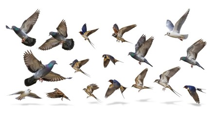 Fototapeta premium A dynamic collection of various birds including pigeons, swallows, sparrows, and gulls in mid-flight, isolated against a clean white background.