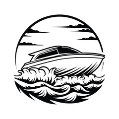 Boat on Waves Graphic, Speedboat Icon, Nautical Adventure Design, White Background