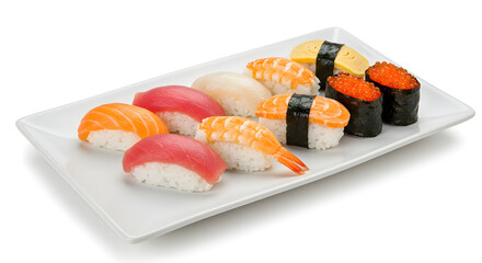 Delicious assortment of fresh sushi and sashimi presented beautifully on a white plate