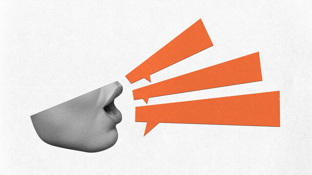 Creative collage. Human mouth with orange speech shapes and bold copy space symbolizing strong voice. Concept of brand voice, protest slogans, activism and social dialogue in modern design.