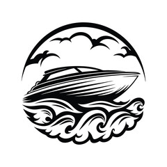 Nautical Black Silhouette Speedboat over Ocean Waves with Flying Birds