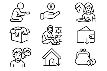 Charity and poverty symbols: donation, homelessness, hunger, financial support