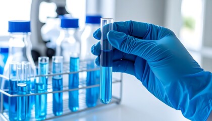 A gloved hand holds a test tube filled with a blue liquid, in a laboratory setting