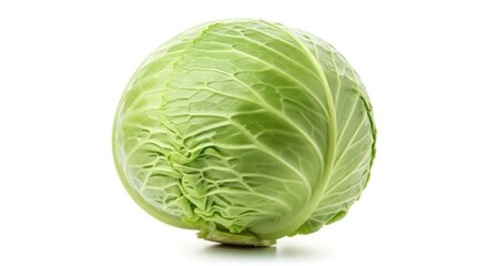Fototapeta premium Whole, vibrant green cabbage with crisp leaves, a healthy vegetable, isolated on a white background.