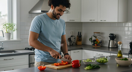 Smiling man happily chopping fresh red bell pepper for healthy meal prep in modern kitchen