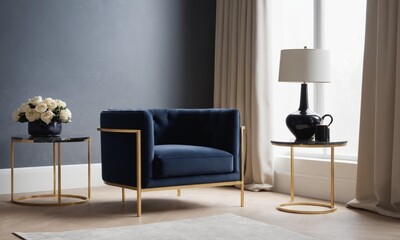 Elegant blue velvet armchair with gold frame in modern interior design setting for luxurious lifestyle