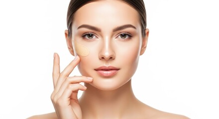 A beautiful young woman applying liquid foundation to her flawless skin, showcasing a beauty and makeup routine on a white background.
