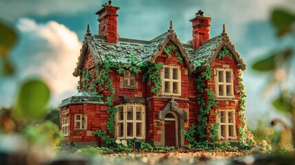 Miniature brick house, ivy-covered,  outdoor scene