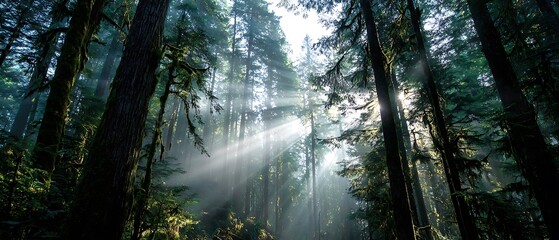 Obraz premium Solar Rays Penetrating Thick Woodland 