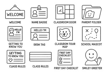 Fototapeta premium Classroom welcome icons: signs, name badges, folders, and maps for school organization