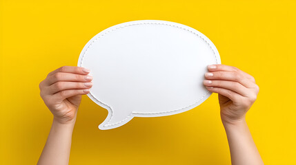 Minimalist Woman Hand Holding Blank White Speech Bubble on Yellow Background. Ai Generated Images