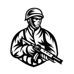 Black Graphics of Soldier in Helmet Holding Rifle on White Background