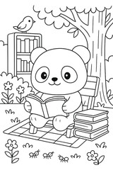 Panda reading a book under a tree with ants and flowers in a garden scene