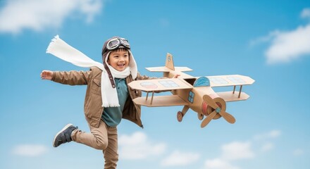 Joyful boy aviator with goggles and scarf, running with a handmade cardboard plane in a clear blue sky, embodying childhood dreams.