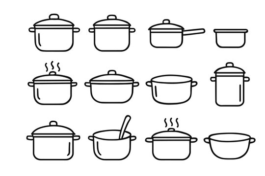 Variety of cooking pots and pans line art collection
